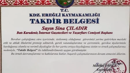 Kdz. Ereğli Kaymakamı’ndan BATİYAC Başkanı Çıladır’a takdir