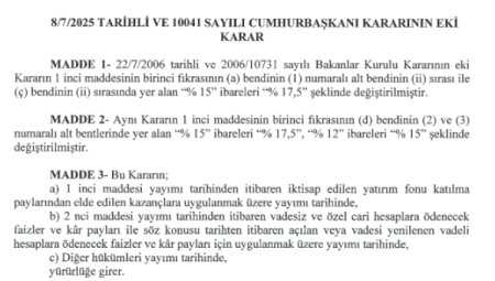 Yatırım fonları ve mevduat hesaplarında tevkifat oranları güncellendi
