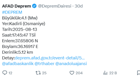 Osmaniye'de 4,1 büyüklüğünde deprem!