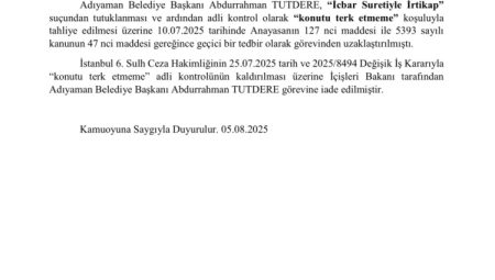 Adıyaman Belediye Başkanı göreve iade edildi!