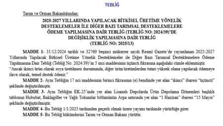 2025-2027 bitkisel üretim desteklemelerinde değişiklik