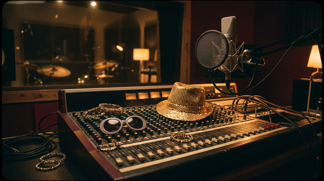 A dynamic behind-the-scenes recording setup with modern studio lighting and microphones, reflecting a colorful showman's glittery accessories resting on a mixing console.